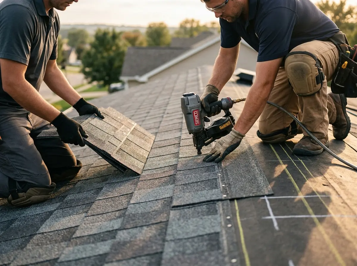 Professional roofer working on a residential roof in Brooklyn